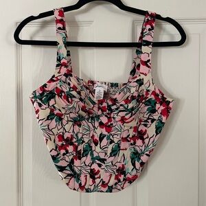 Floral Print Pink & Green Sleeveless Crop Corset Top